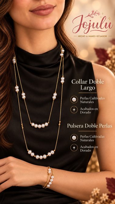 Collar Doble Largo y Pulsera Doble Perlas